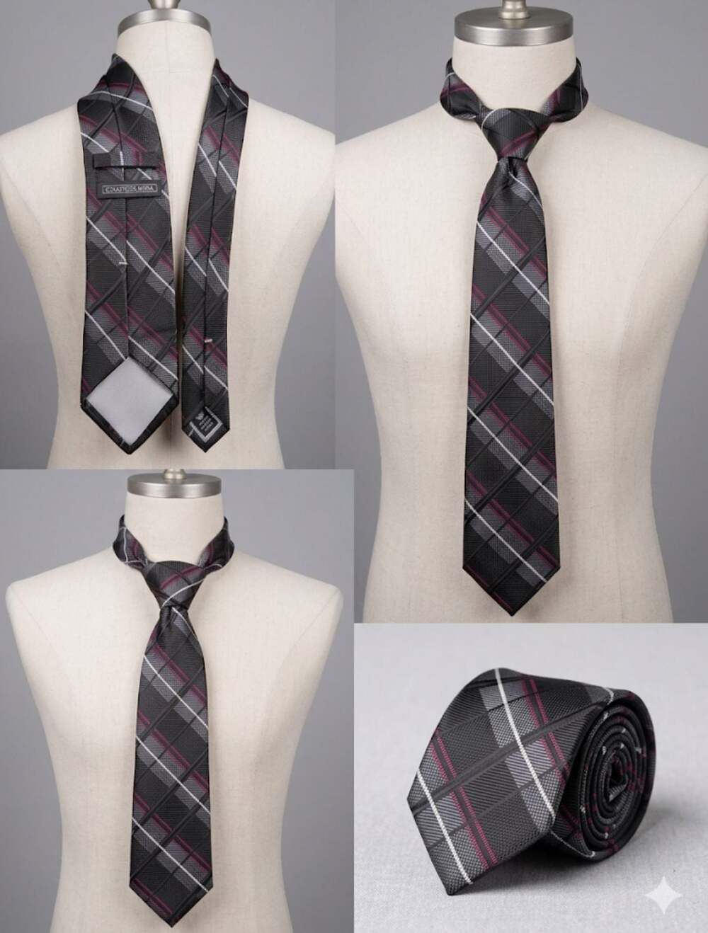 Countess Mara Men's 100% Silk Plaid Necktie Black Gray Pink
